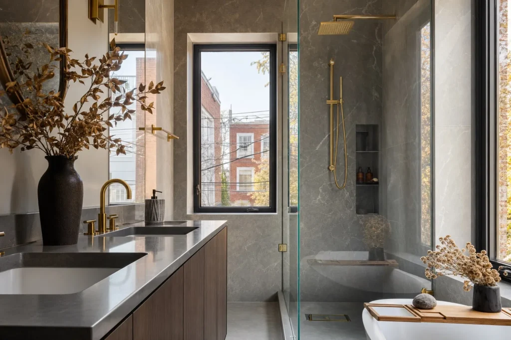 Stone and gold bath in Queens, NY by CityCore Builders