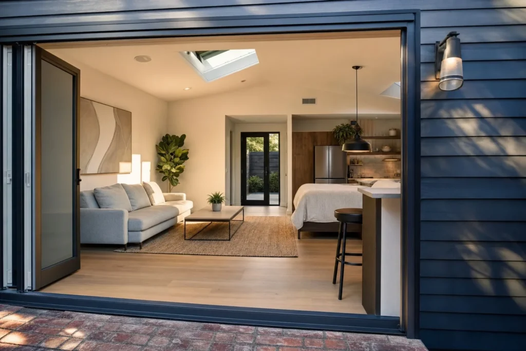Garage conversion and ADU in Queens, NY: a converted detached garage in Queens finished as a bright modern accessory dwelling studio