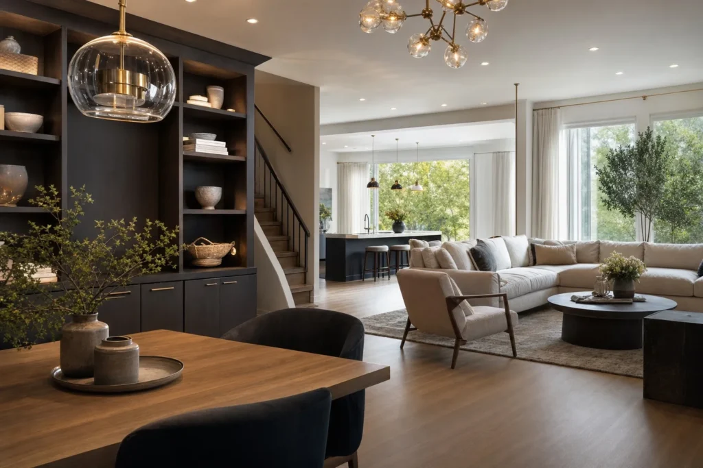 General contractor in Queens, NY: a beautifully renovated open-plan living and dining area in a Queens home with refined custom millwork