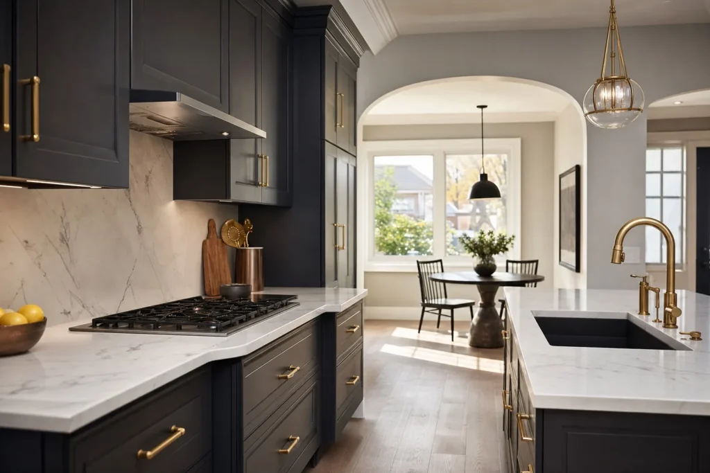Charcoal and brass kitchen in Queens, NY by CityCore Builders