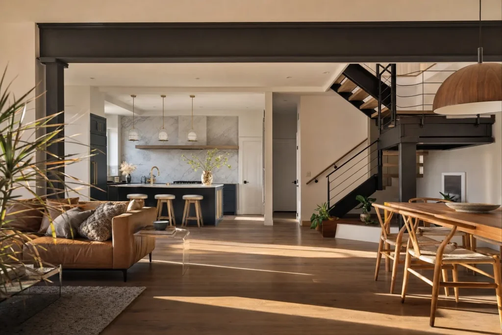 Structural remodeling in Queens, NY: a Queens home interior opened up with a new exposed steel beam creating a wide structural span