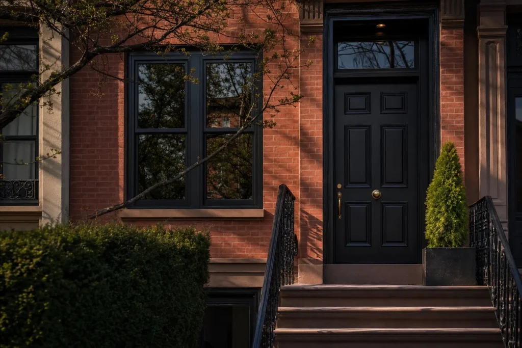 Windows and doors in Queens, NY: newly installed windows and a handsome front door on a Queens home facade