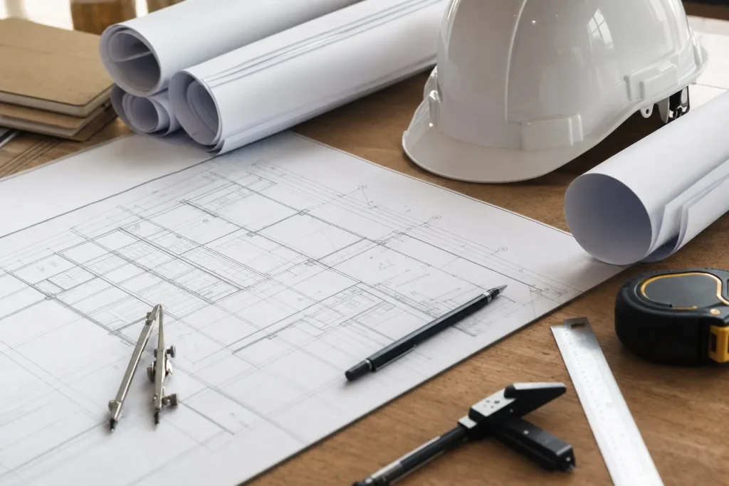 Blueprints, hard hat, and tools on a table