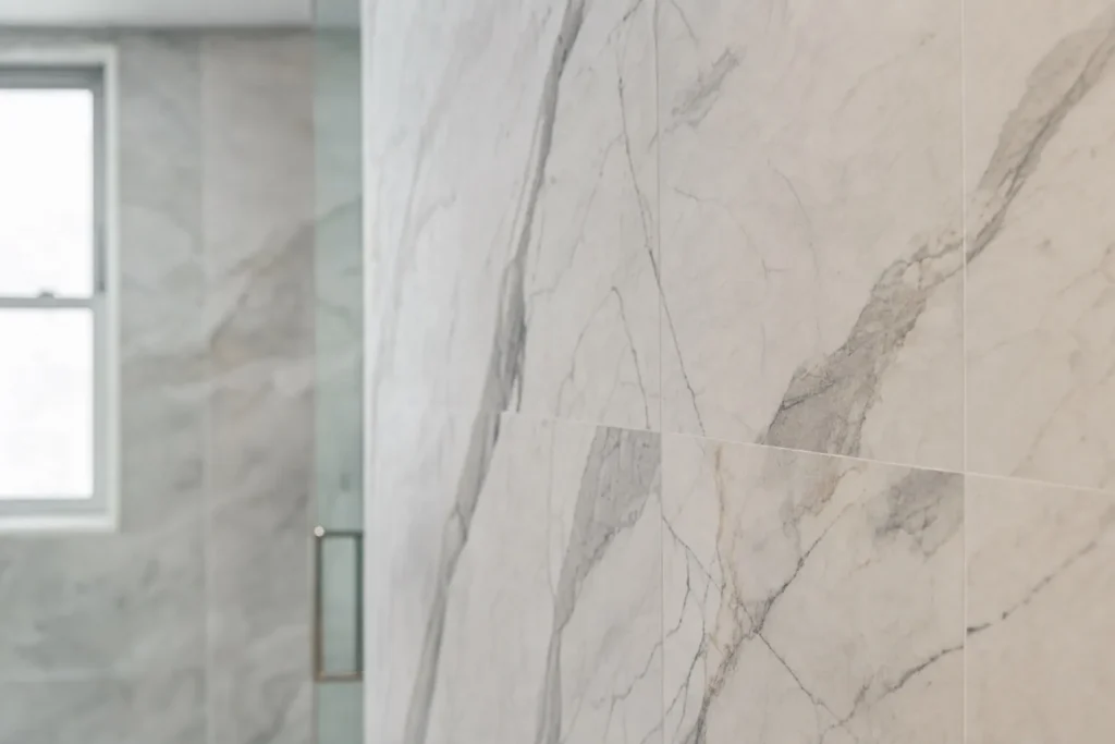 Porcelain tile and stone for a Queens bathroom by CityCore Builders