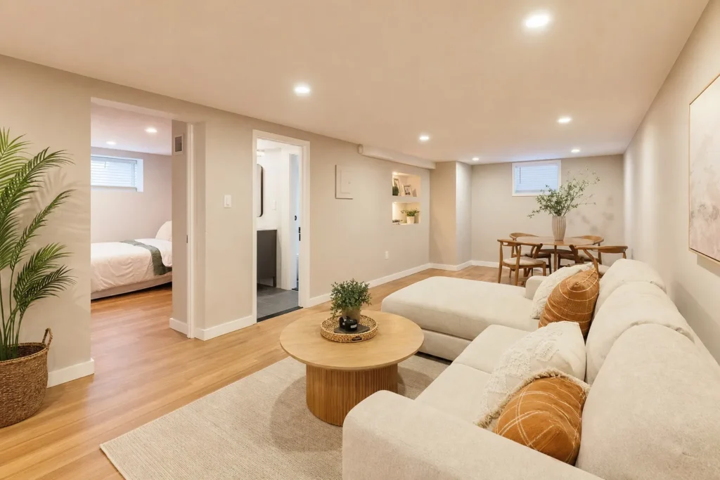 Finished basement living space in a Queens home