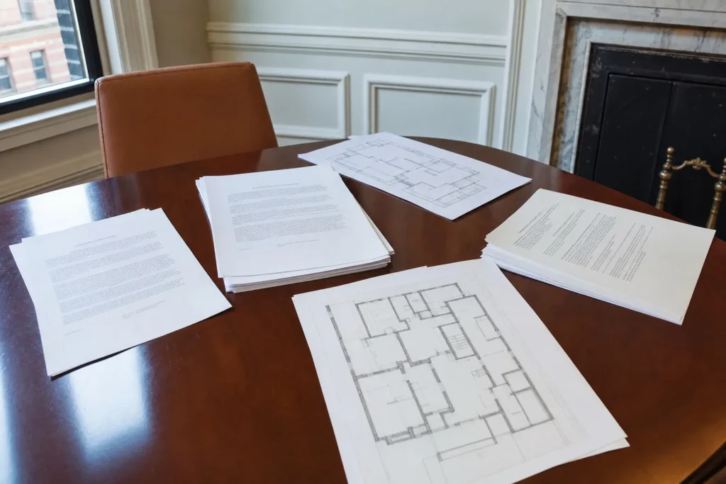 Co-op renovation plans and building rules on a table