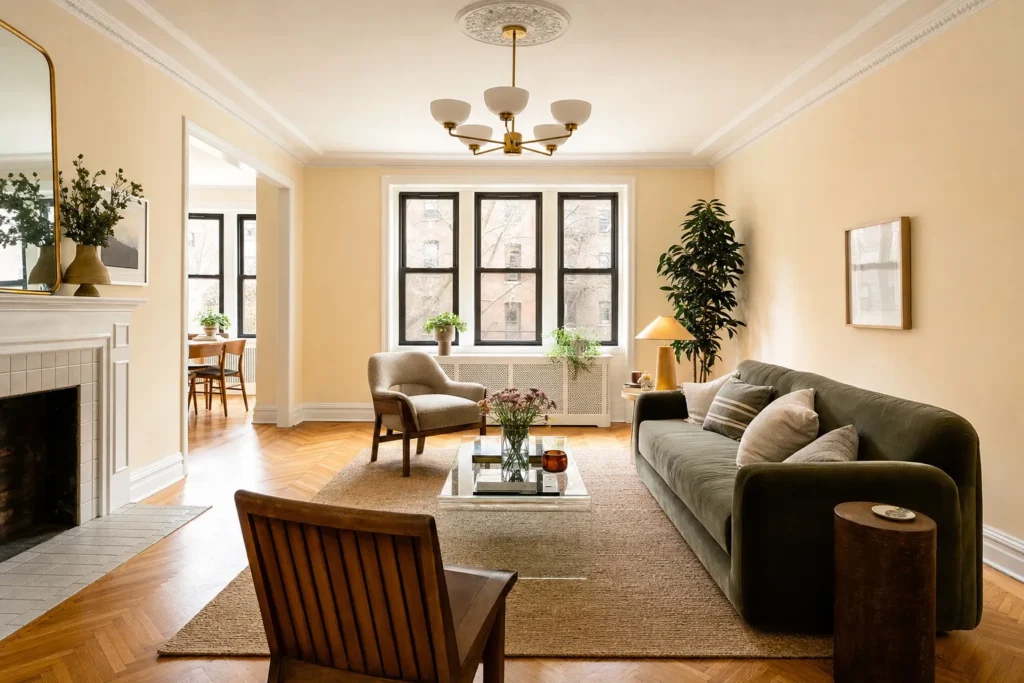 Renovated prewar co-op interior with moldings